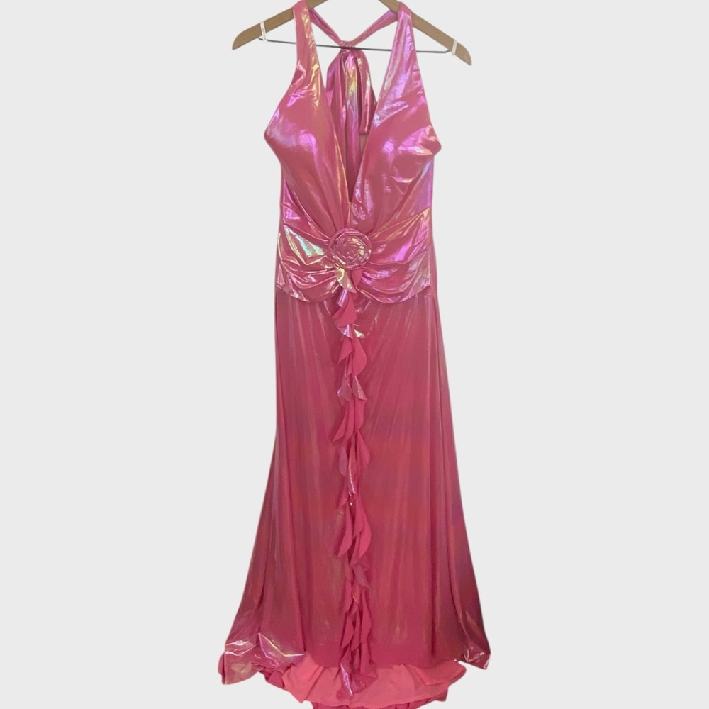 JOVANI NEW Hot Pink Liquid Metal Rosette Ruffle Halter Neck Maxi Gown Size 6